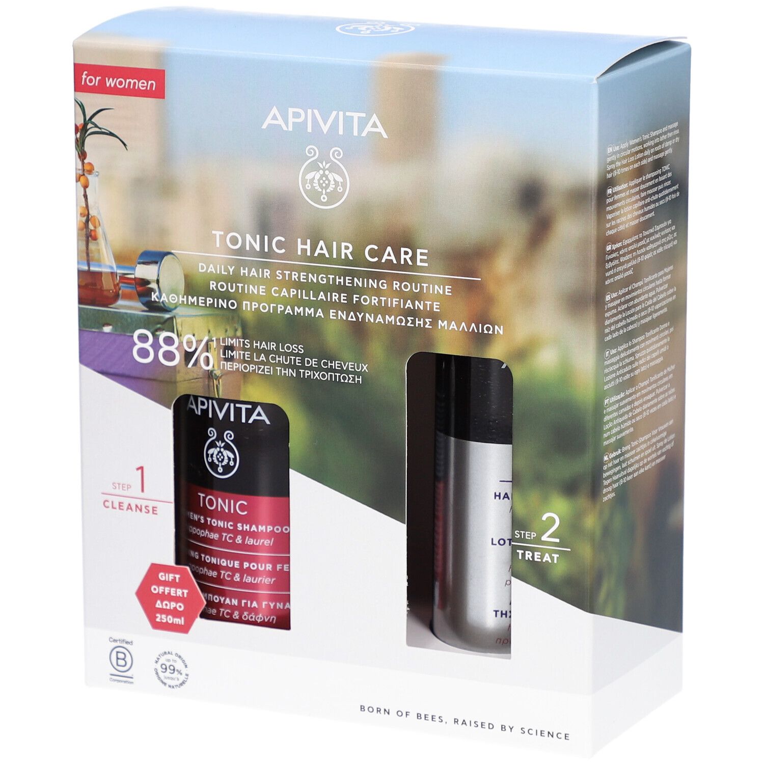 Coffret cadeau avec deux produits. Flacons noirs et argentés. Inscription : Apivita Tonic Hair Care. 88% de réduction de la chute des cheveux.