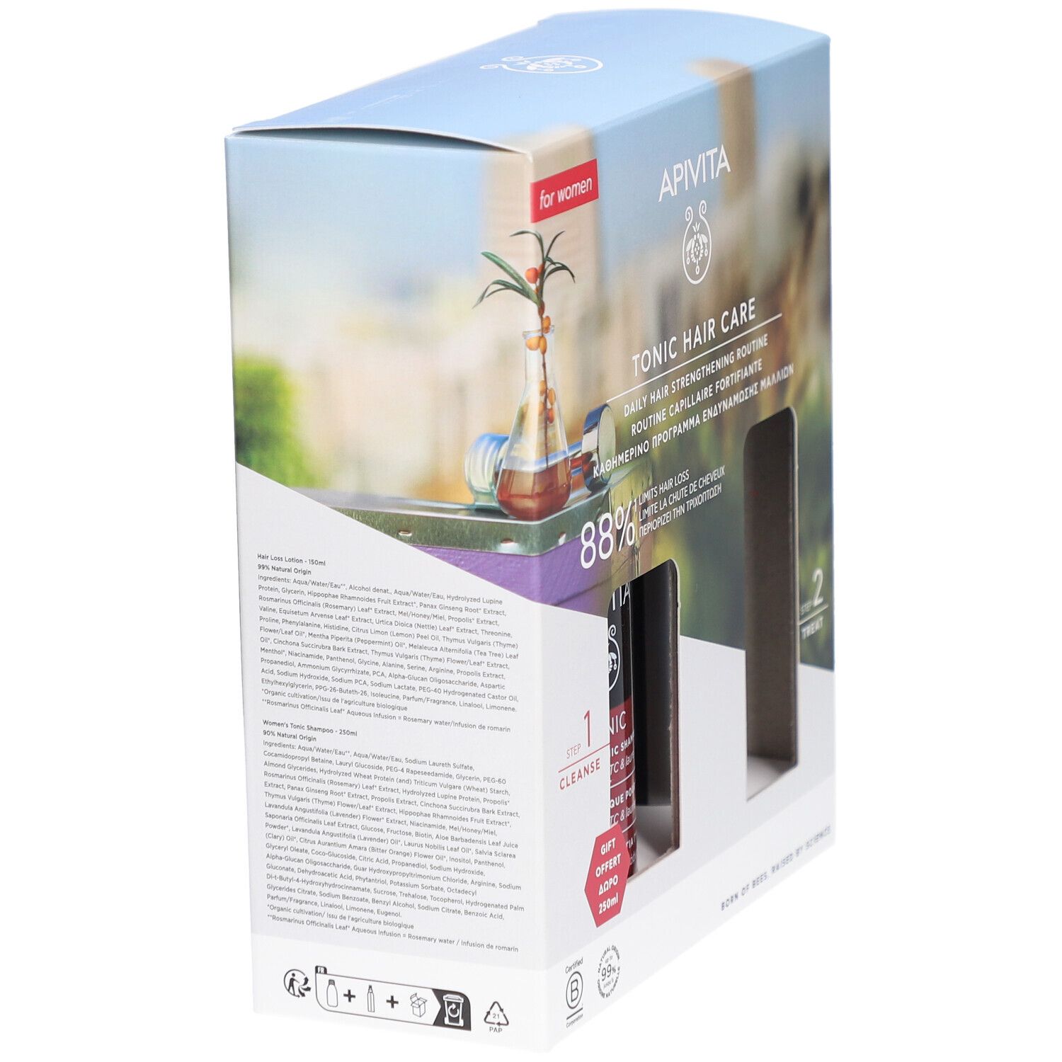 Emballage avec informations sur le produit. Inscription : Apivita Tonic Hair Care. Dos avec texte en plusieurs langues.