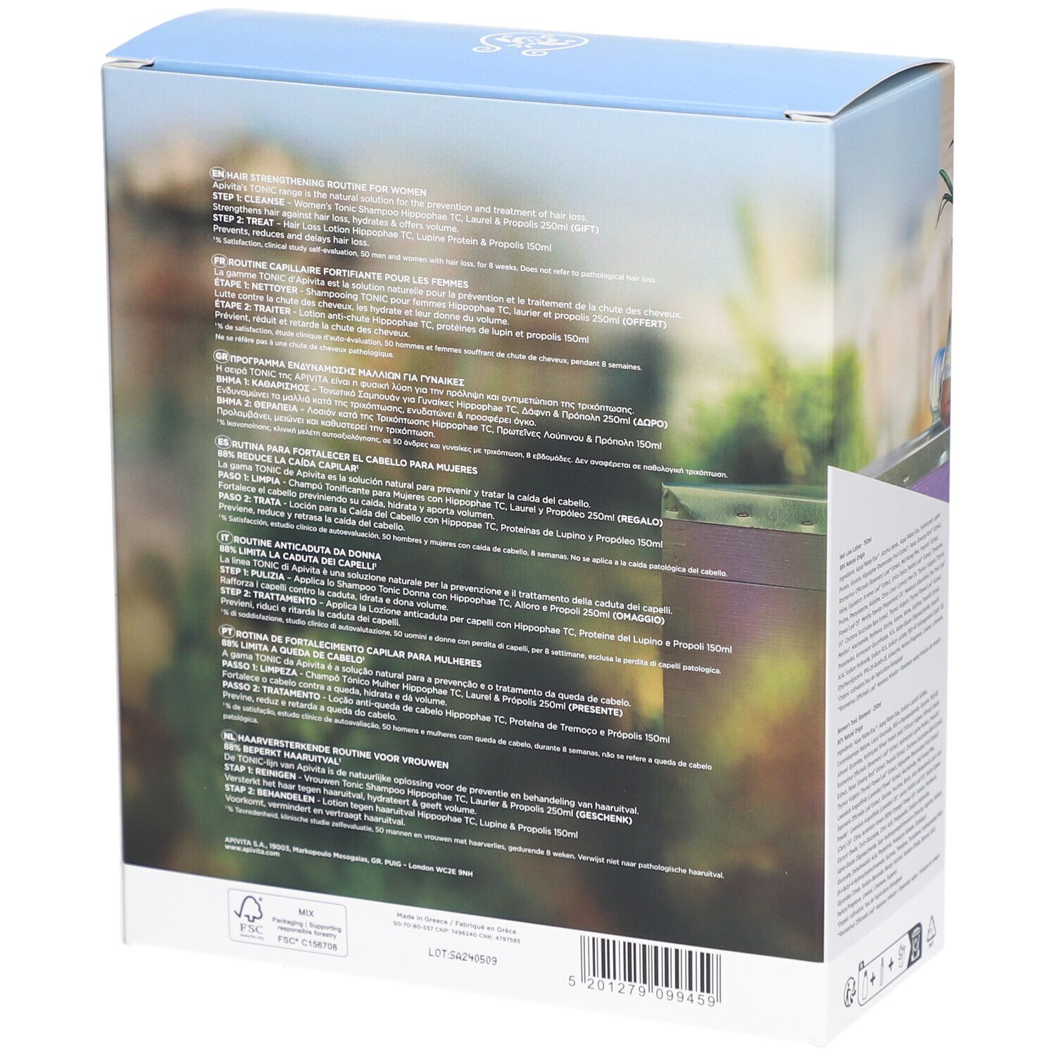 Dos de l'emballage. Texte en plusieurs langues. Inscription : Apivita Tonic Hair Care. Logo FSC.