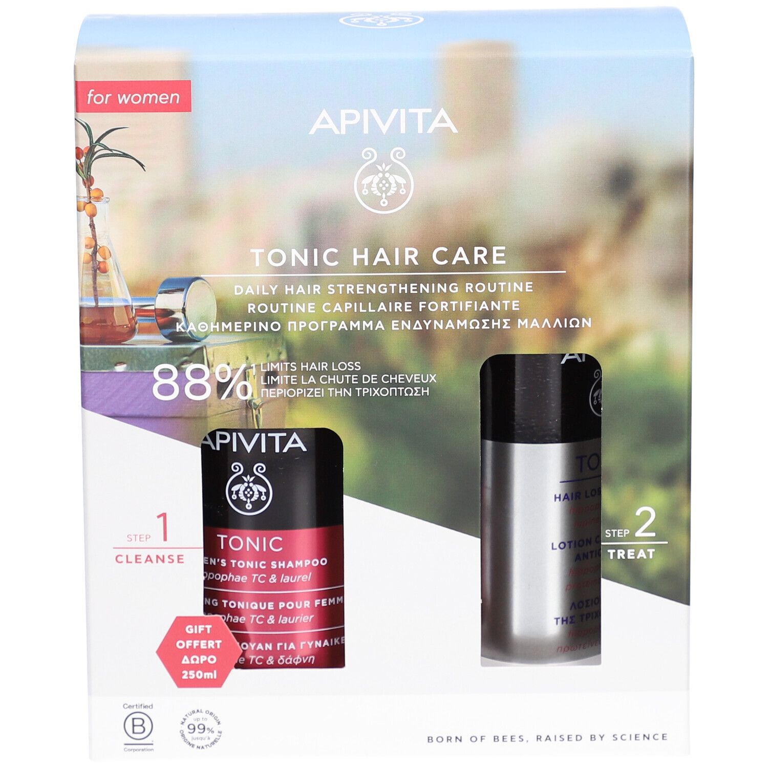 Coffret cadeau avec deux produits. Flacons noirs et argentés. Inscription : Apivita Tonic Hair Care. 88% de réduction de la chute des cheveux.