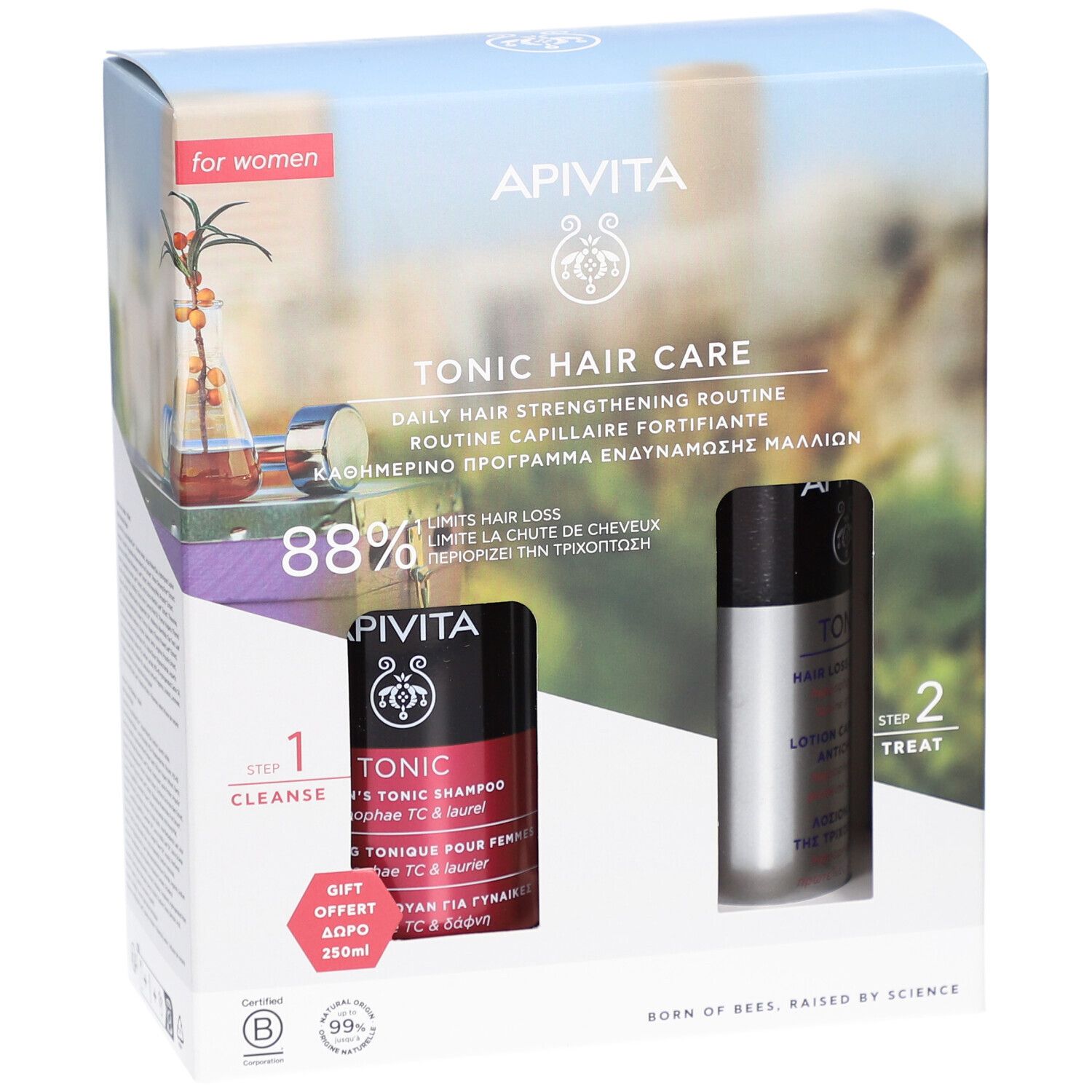Coffret cadeau avec deux produits. Flacons noirs et argentés. Inscription : Apivita Tonic Hair Care. 88% de réduction de la chute des cheveux.