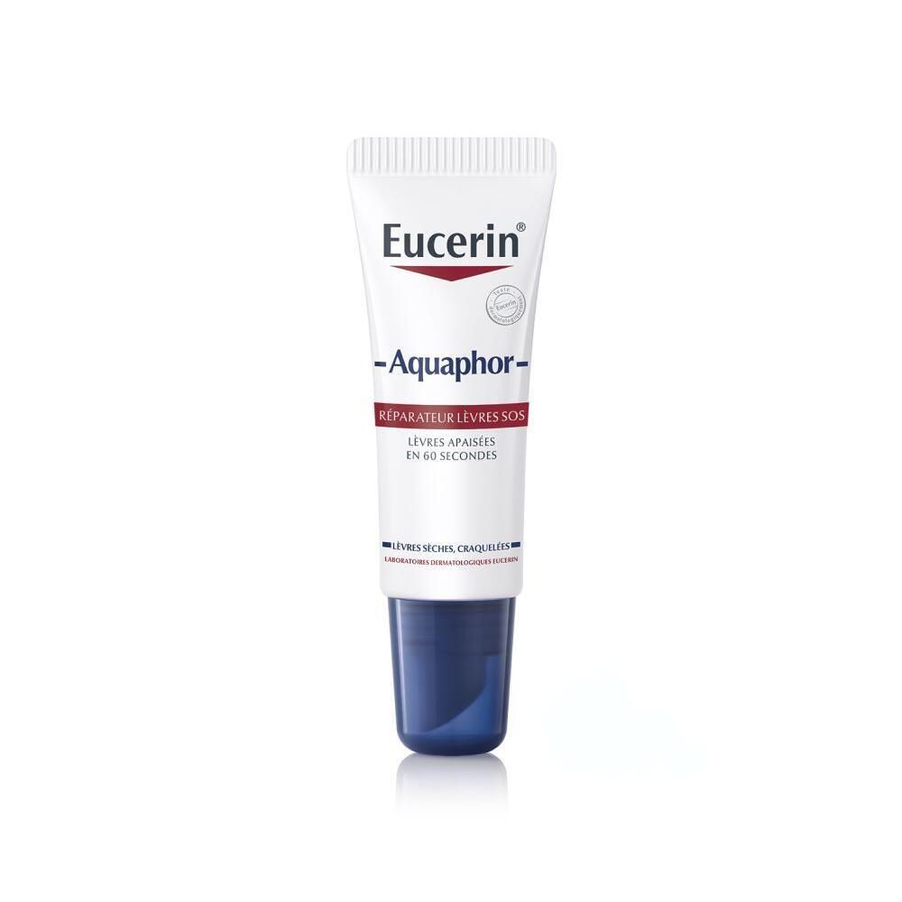 Tube de baume à lèvres SOS Eucerin Aquaphor avec bouchon bleu. Texte: SOS Baume à lèvres.