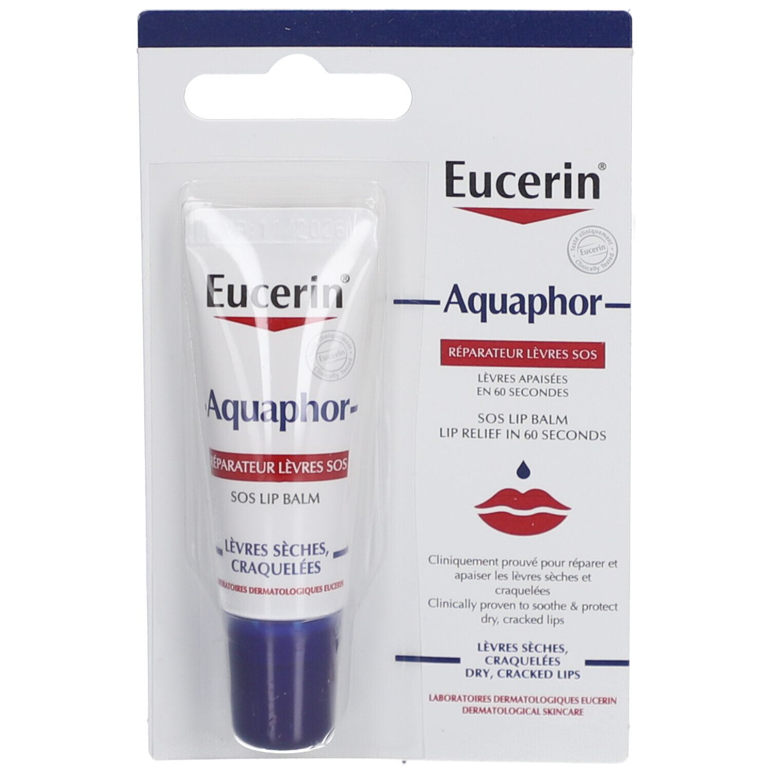 Eucerin Aquaphor SOS Lippenpflege in Blisterverpackung. Tube mit blauem Deckel. Text: SOS Lippenbalsam.