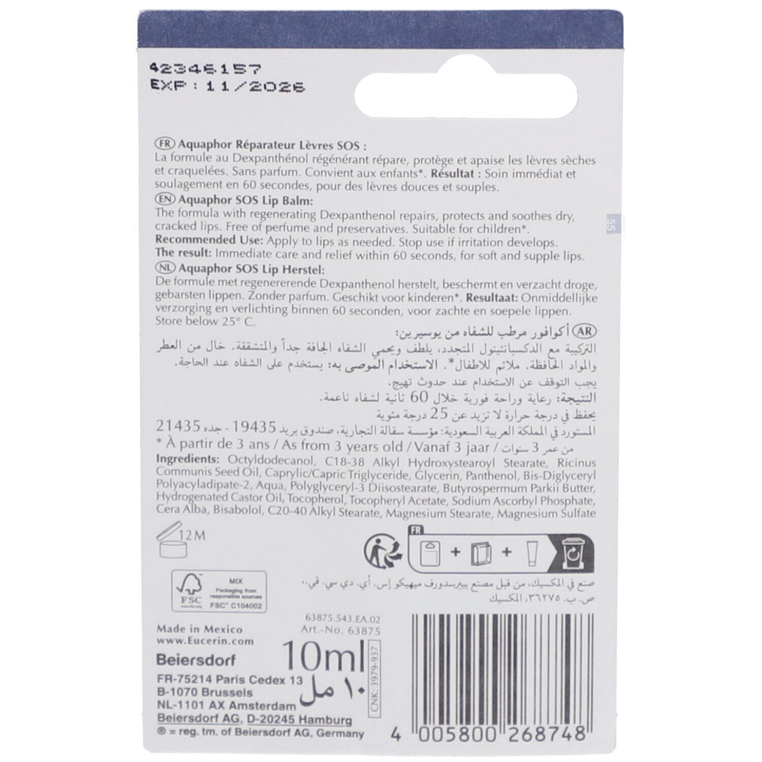 Rückseite der Eucerin Aquaphor SOS Lippenpflege Verpackung. Informationen zu Inhaltsstoffen und Anwendung.