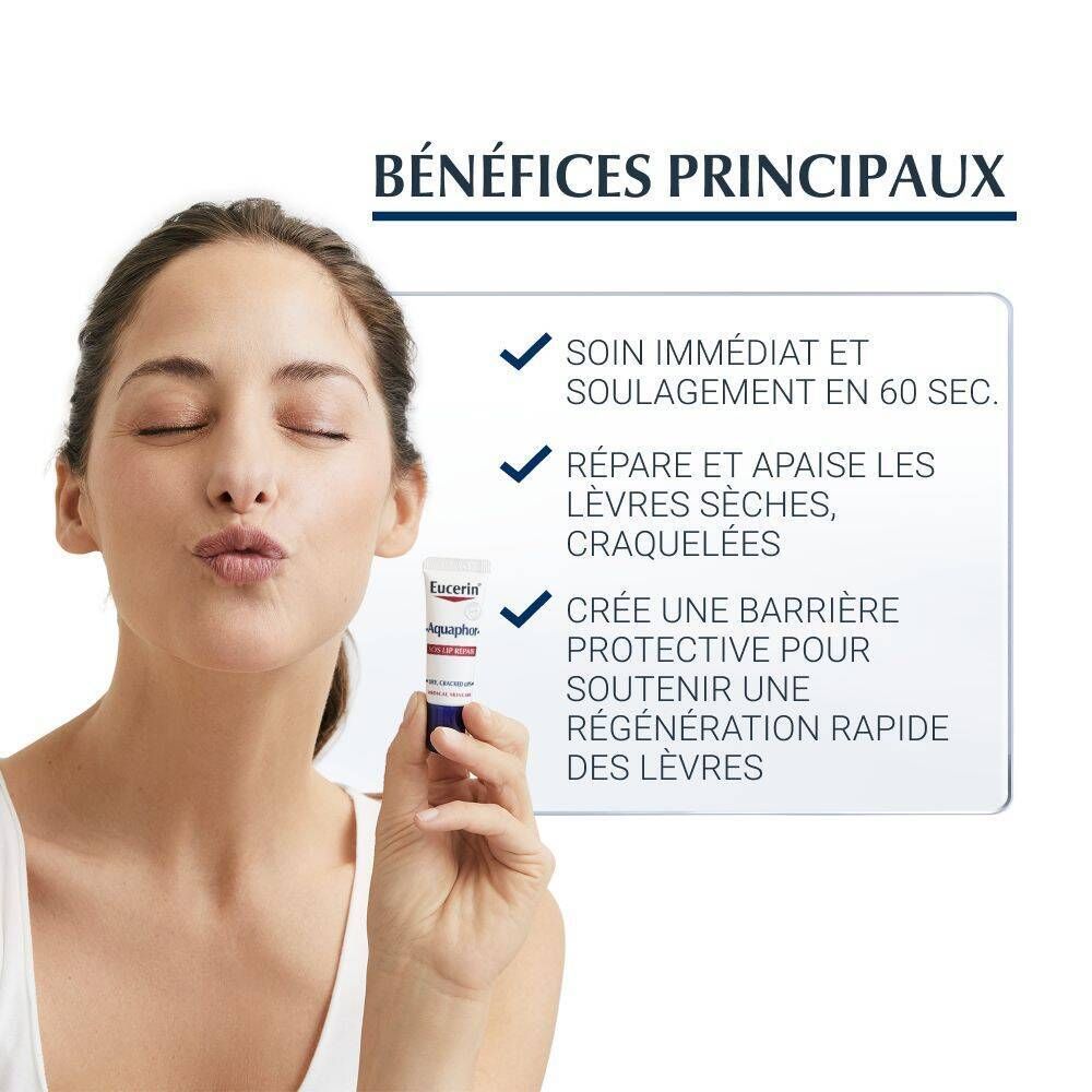 Femme avec Eucerin Aquaphor SOS Baume à lèvres. Texte: Soin et soulagement immédiats en 60 secondes.