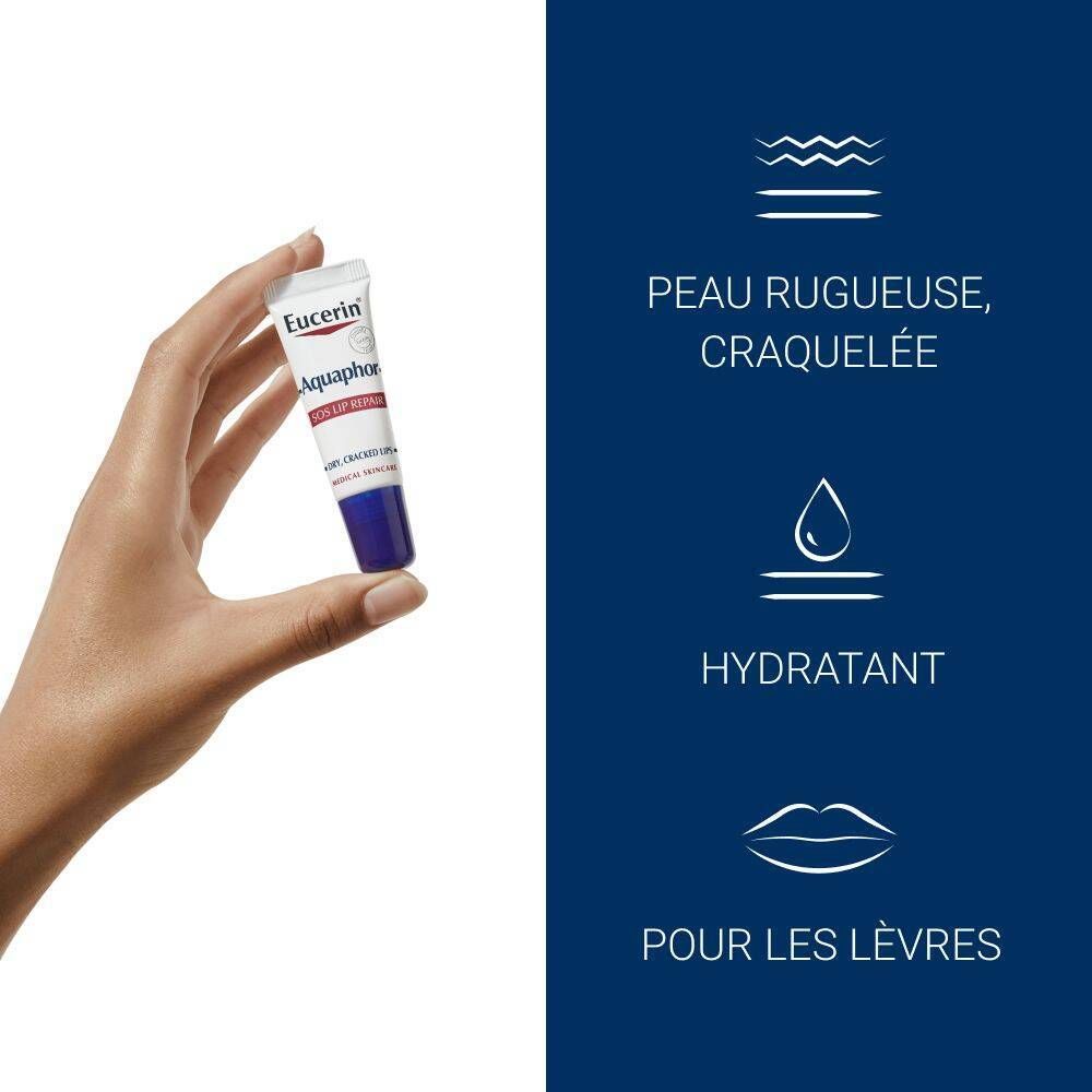Main tenant Eucerin Aquaphor SOS Baume à lèvres. Texte: Pour les lèvres rugueuses, gercées.