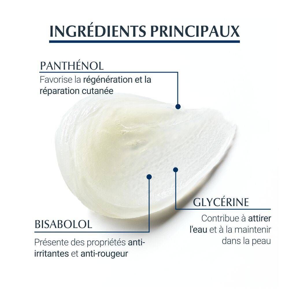 Gros plan sur les ingrédients du baume à lèvres SOS Eucerin Aquaphor. Texte: Panthénol, Glycérine, Bisabolol.