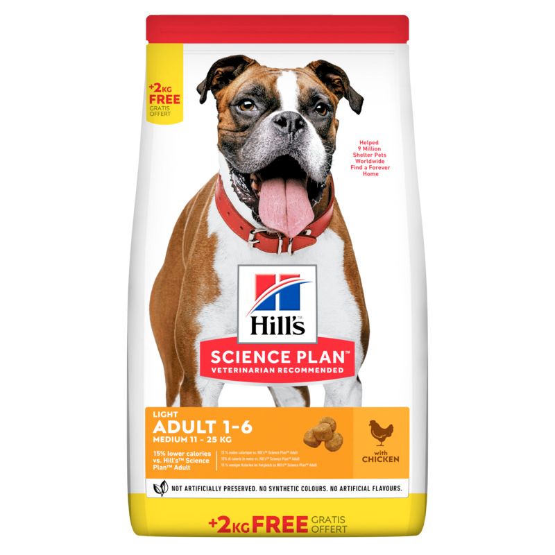 Hundefutterbeutel mit Boxer-Hund. Aufschrift: Hill's Science Plan Light Adult 1-6 Medium. Mit Huhn. +2kg gratis.