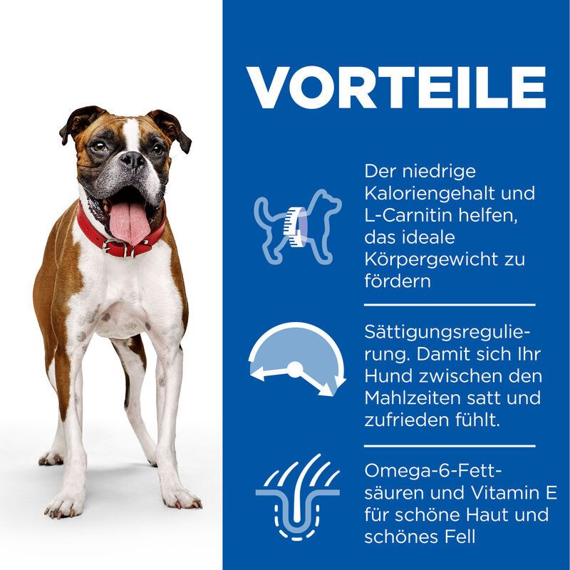 Vorteile des Hundefutters: niedriger Kaloriengehalt, L-Carnitin, Sättigungsregulierung, Omega-6-Fettsäuren und Vitamin E.