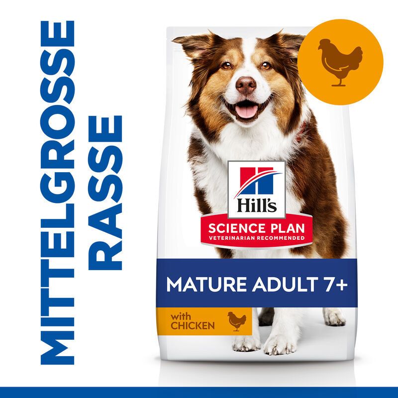 Hundefutter-Beutel mit Hund und Huhn-Symbol. Aufschrift: Hill's Science Plan Mature Adult 7+ mit Huhn. Für mittelgroße Rasse.