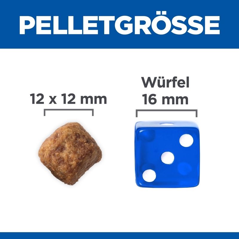 Vergleich der Pelletgröße. Futterbrocken 12x12 mm. Blauer Würfel 16 mm. Text: Pelletgröße.