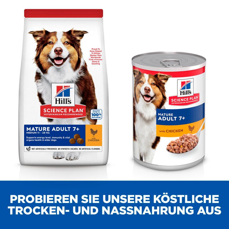 Hundefutter-Beutel und Dose. Aufschrift: Hill's Science Plan Mature Adult 7+ mit Huhn. Trocken- und Nassnahrung.