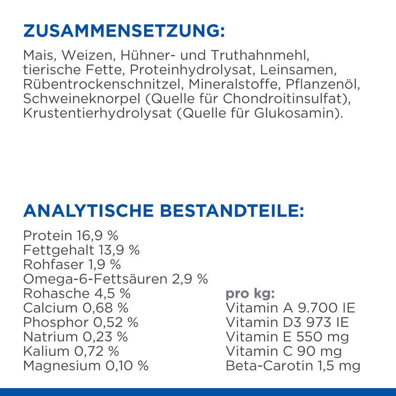 Zusammensetzung und analytische Bestandteile. Text: Mais, Weizen, Huhn, Truthahnmehl, tierische Fette, Protein, Leinsamen, etc.