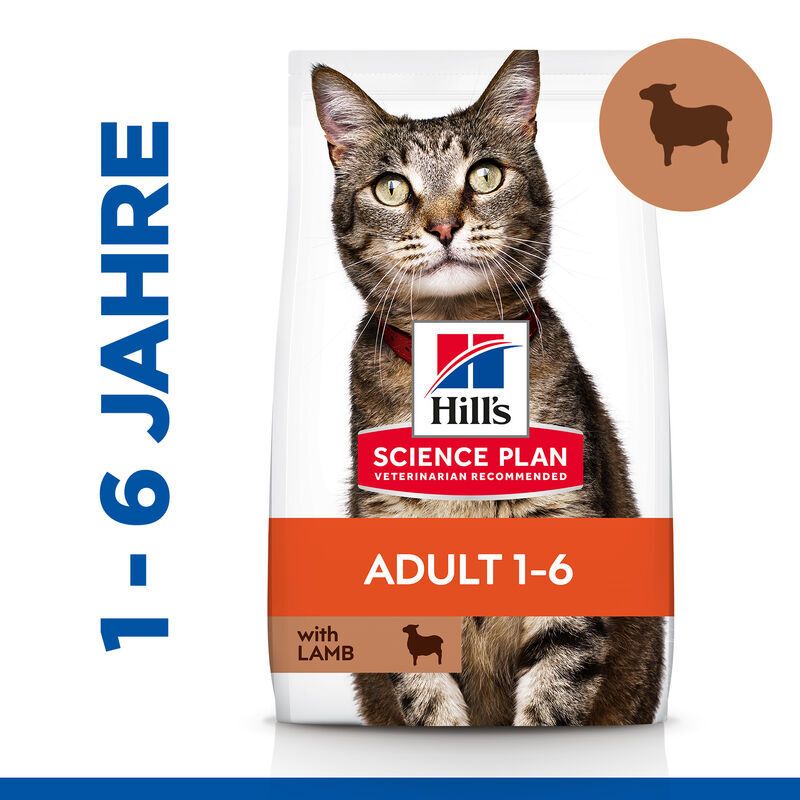 Katzenfutterbeutel mit Katze, Logo und Text: Hill's Science Plan Adult 1-6 mit Lamm. Mit Lamm-Symbol.