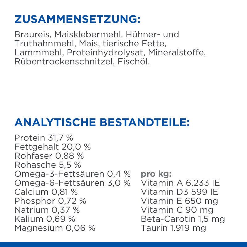 Zusammensetzung und analytische Bestandteile des Katzenfutters. Angaben zu Inhaltsstoffen und Nährwerten.