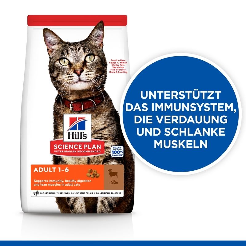 Katzenfutterbeutel mit Katze, Logo und Text: Hill's Science Plan Adult 1-6 mit Lamm. Unterstützt Immunsystem, Verdauung, Muskeln.