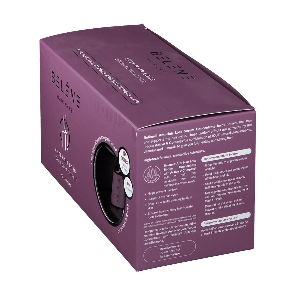 Boîte de sérum concentré. Texte : nom du produit, mode d'action, recommandations d'utilisation, 100% actifs naturels, 0% parabènes.