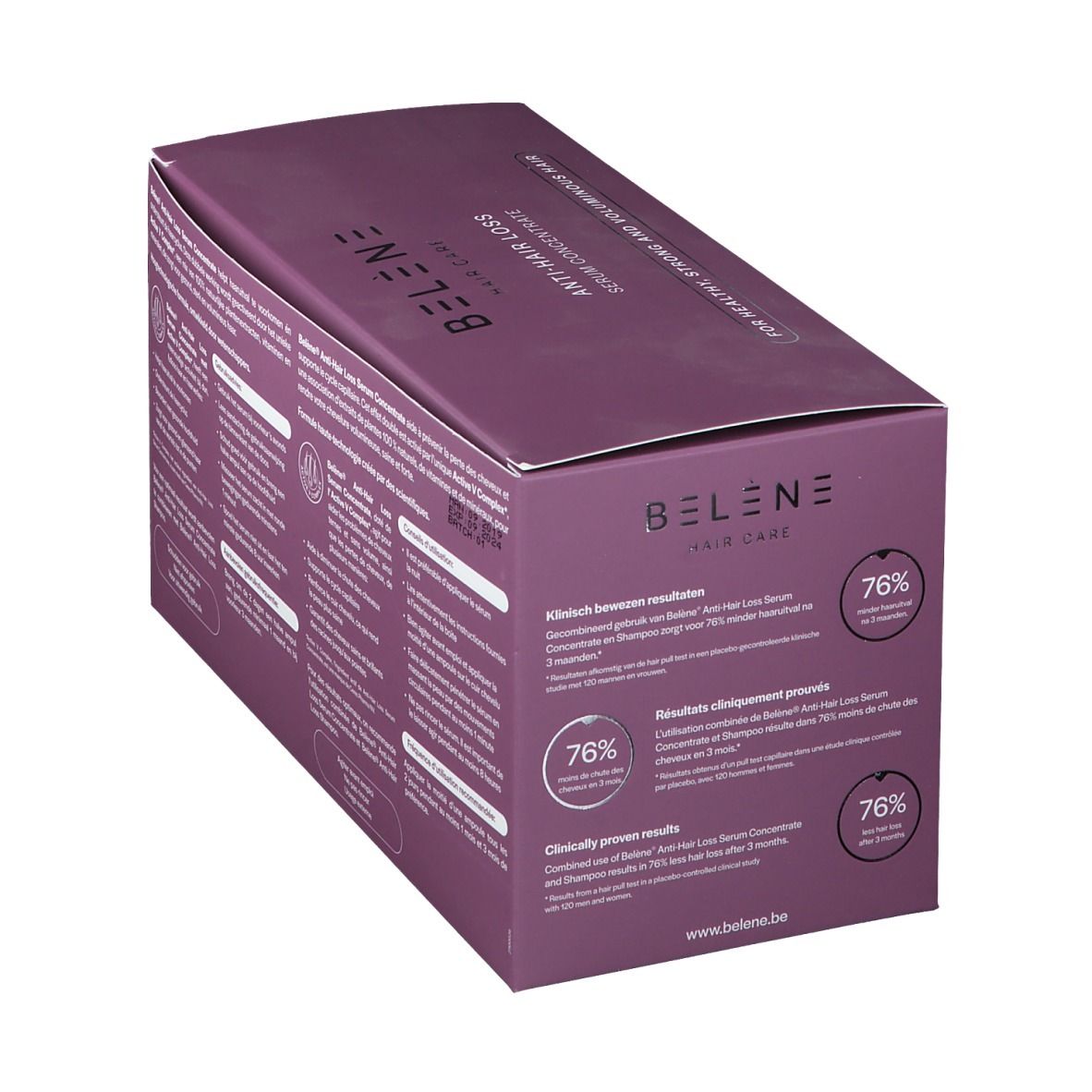 Boîte de sérum concentré. Texte : nom du produit, résultats cliniquement prouvés, 76% résultats, 100% actifs naturels, 0% parabènes.