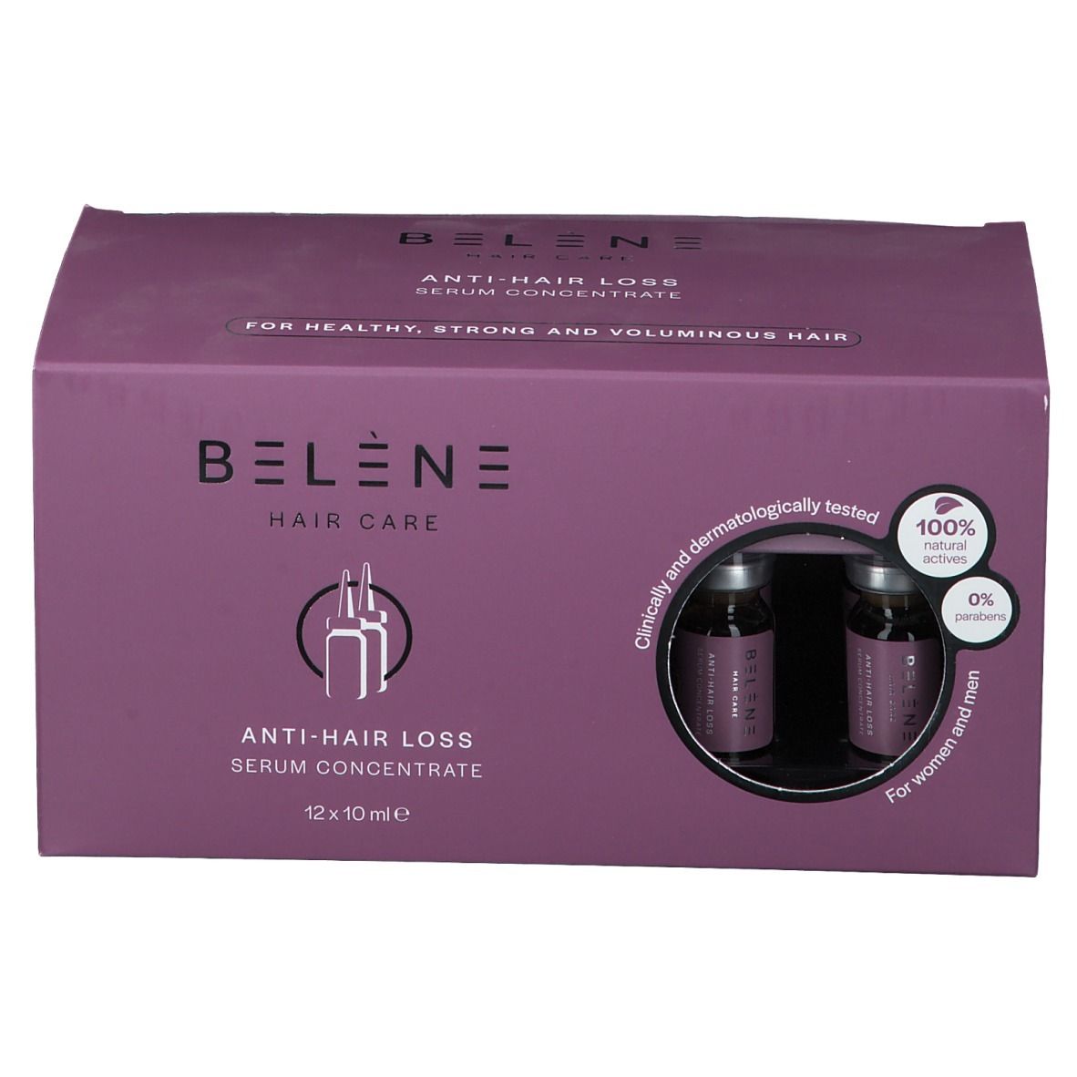 Boîte de sérum concentré. Visible : logo, nom du produit, 12 ampoules, 100% actifs naturels, 0% parabènes.