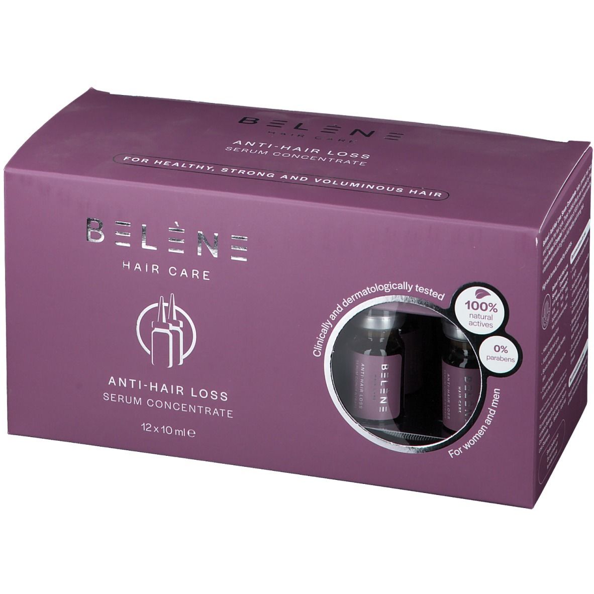 Boîte de sérum concentré. Visible : logo, nom du produit, 12 ampoules, 100% actifs naturels, 0% parabènes.