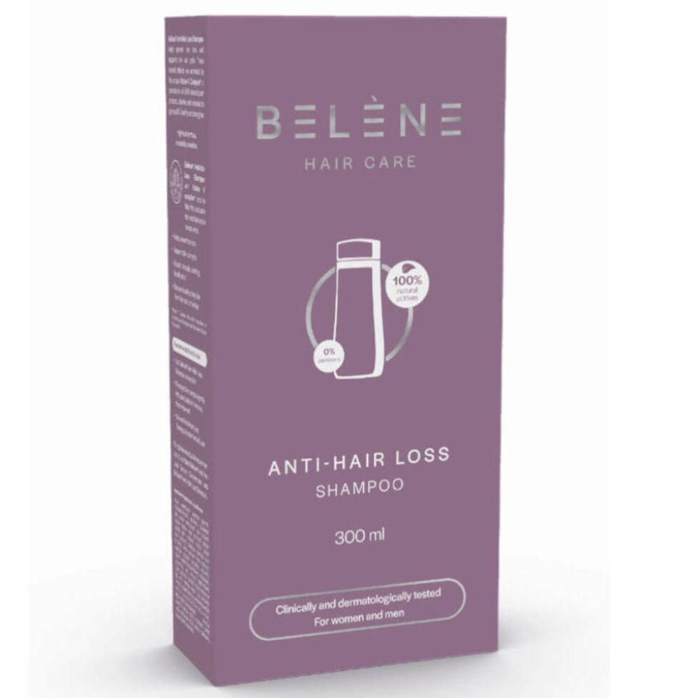 Boîte violette avec logo "BELENE Hair Care", illustration du produit et "Anti-Hair Loss Shampoo". Texte : "300 ml", "Pour femmes et hommes".