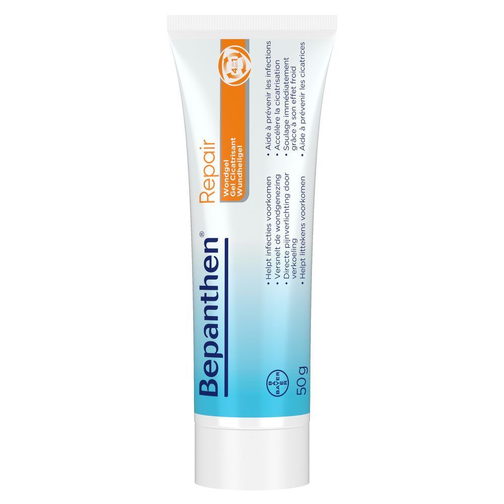 Tube Bepanthen Repair wondgel. Blauw-witte verpakking. 50g. Bayer-logo.