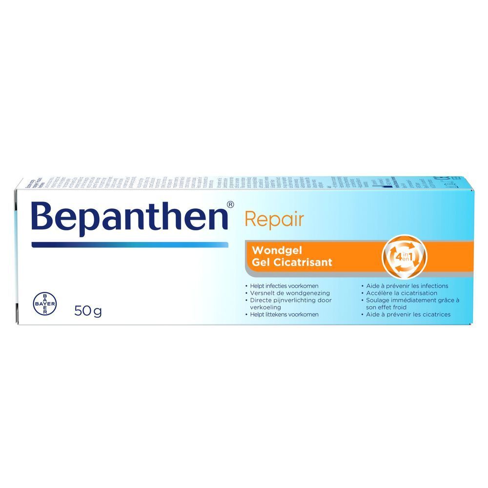 Doos Bepanthen Repair wondgel. Blauw-oranje design. 50g. Bayer-logo.