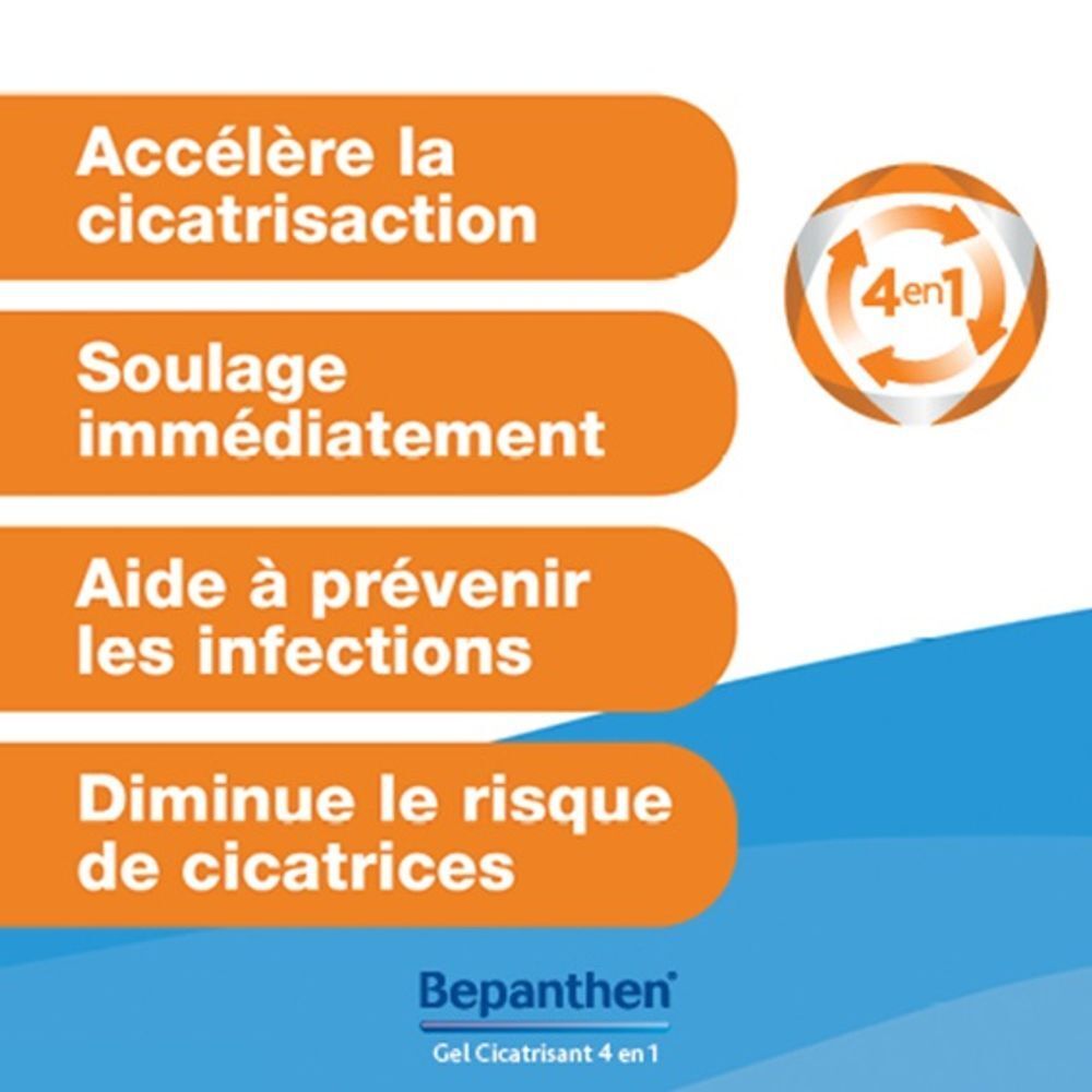 Texte : Accélère la cicatrisation, soulage immédiatement, aide à prévenir les infections, réduit les cicatrices.