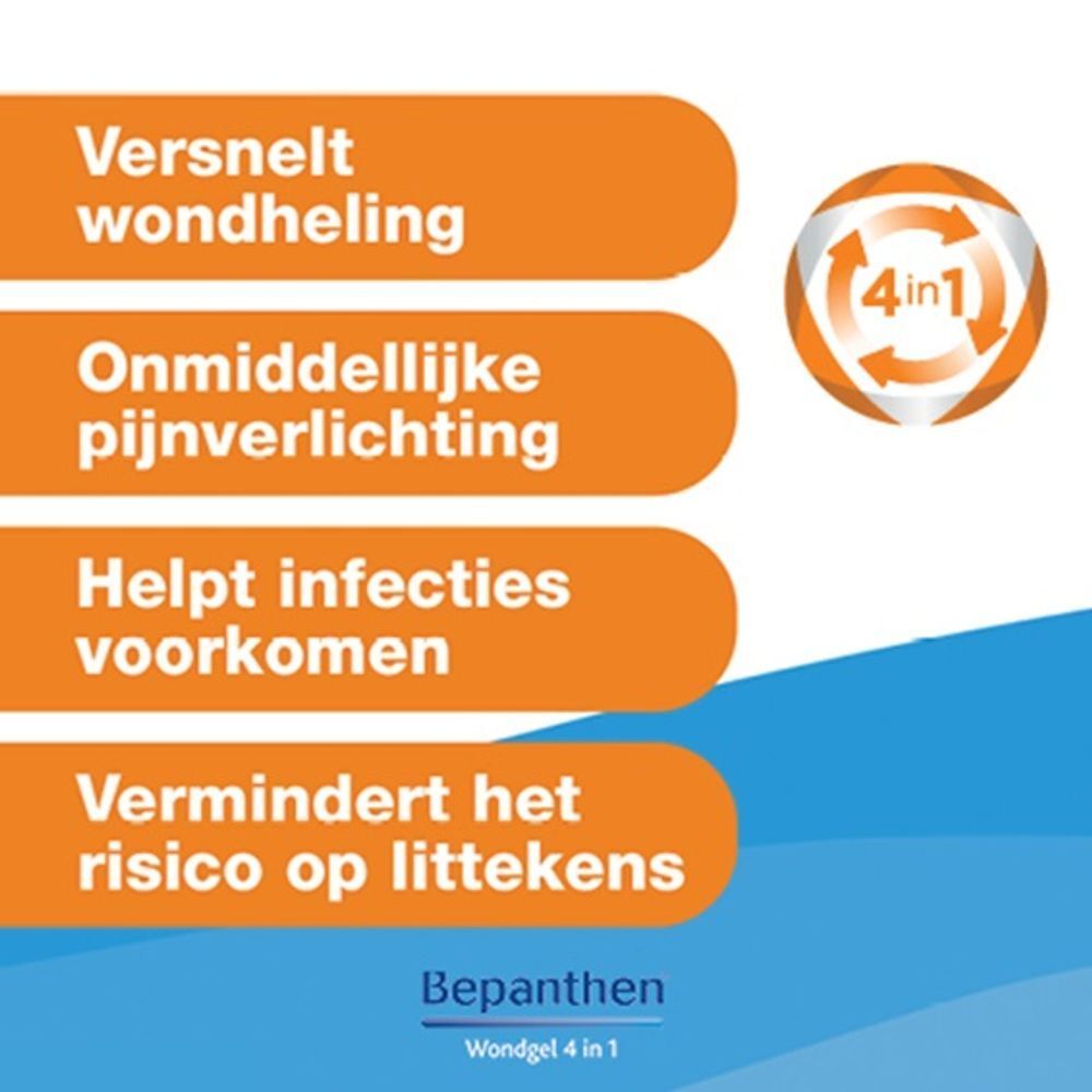 Tekst: Versnelt wondgenezing, onmiddellijke pijnverlichting, helpt infecties voorkomen, vermindert littekens.