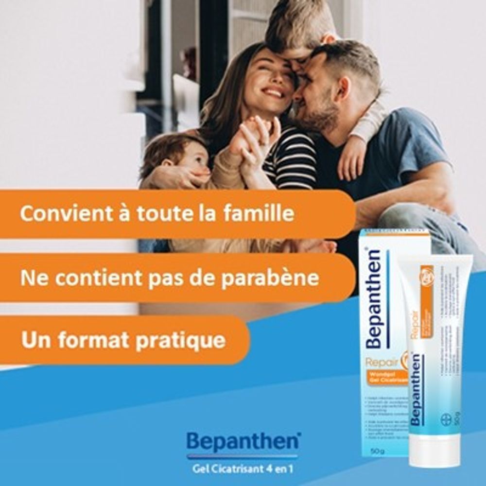 Texte : Accélère la cicatrisation, soulage immédiatement, aide à prévenir les infections, réduit les cicatrices.