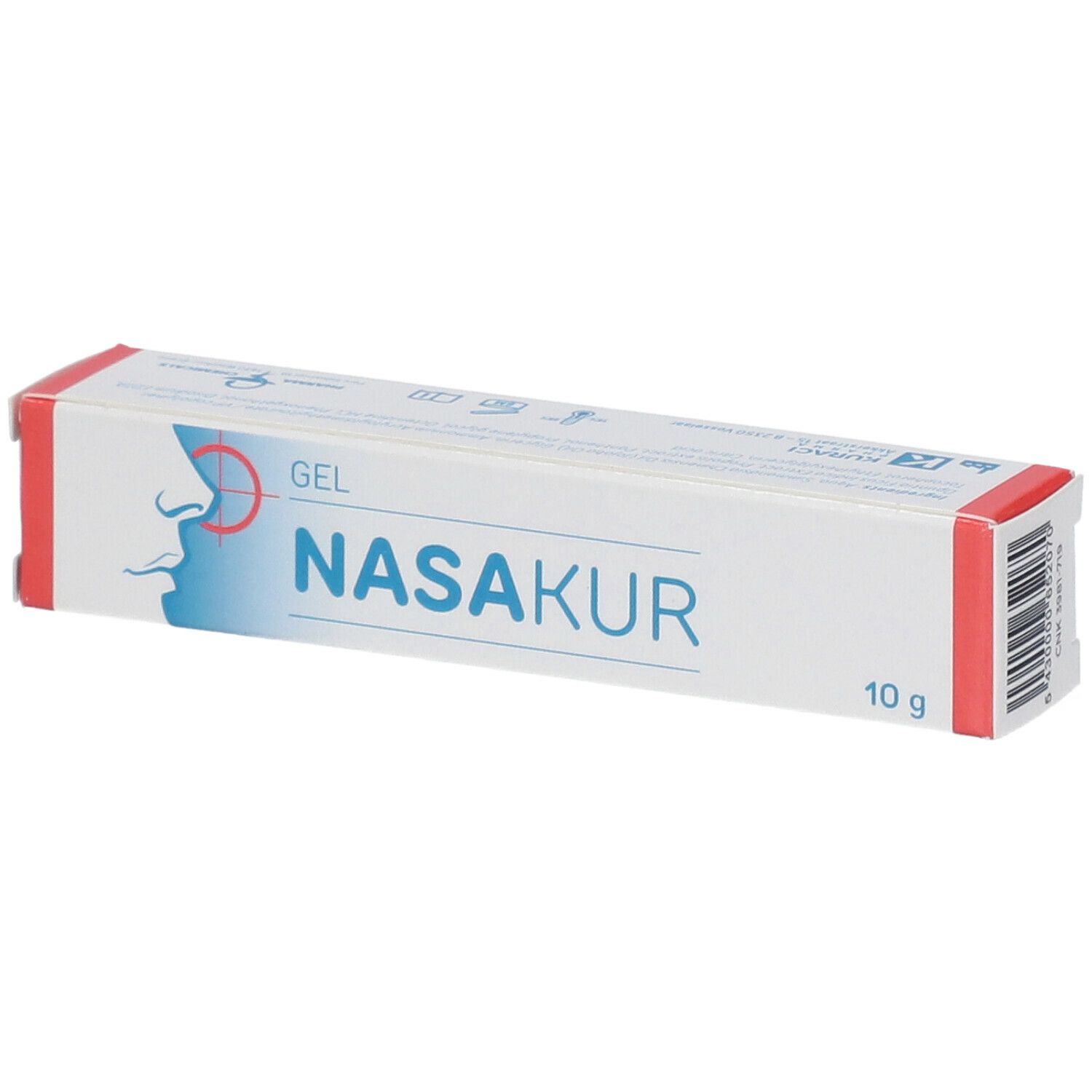 Boîte blanche à accents rouges. Inscription : NASAKUR Gel, 10 g. Représentation d'un profil nasal.