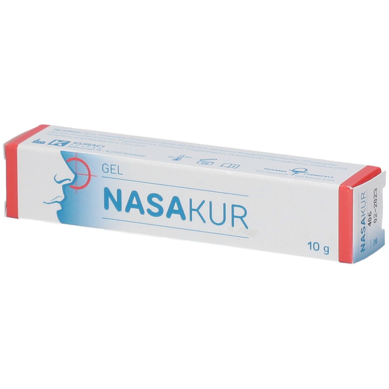 Boîte blanche à accents rouges. Inscription : NASAKUR Gel, 10 g. Représentation d'un profil nasal.