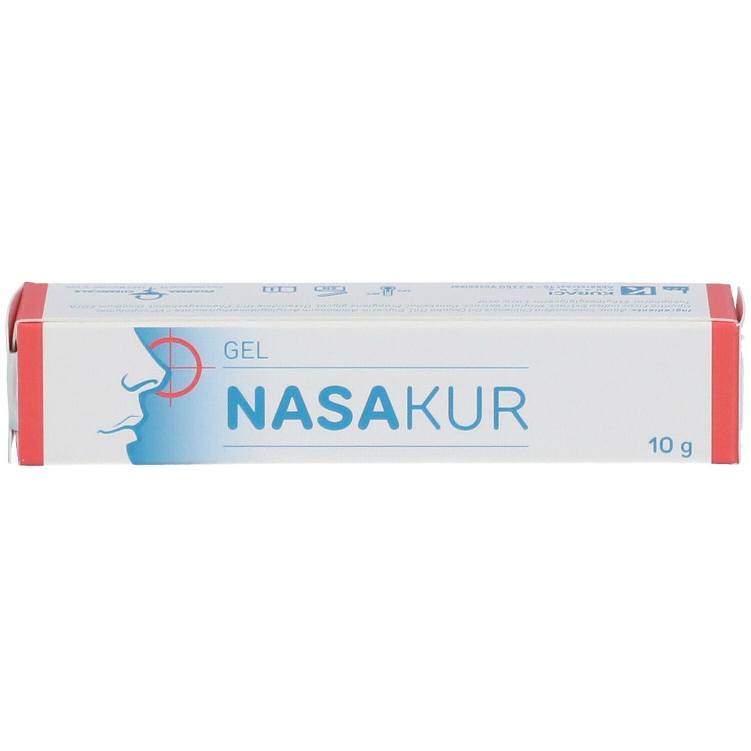 Boîte blanche à accents rouges. Inscription : NASAKUR Gel, 10 g. Représentation d'un profil nasal.