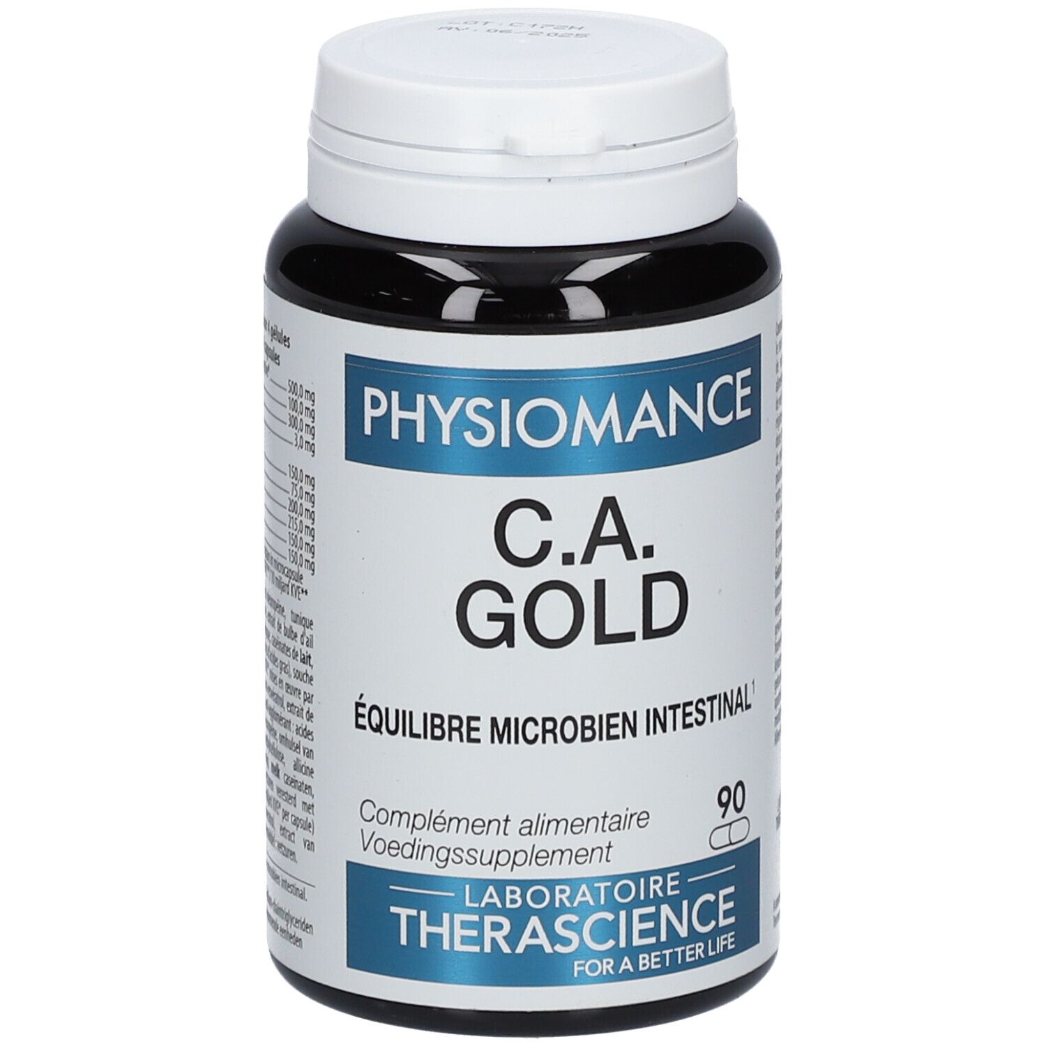 Zwarte fles met witte dop. Opschrift: PHYSIOMANCE C.A. GOLD, ÉQUILIBRE MICROBIEN INTESTINAL. Bevat 90 capsules.