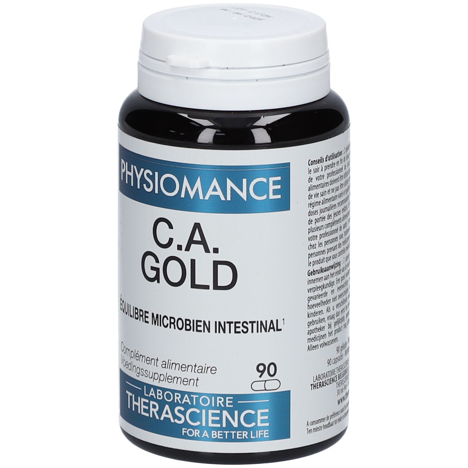 Zwarte fles met witte dop. Opschrift: PHYSIOMANCE C.A. GOLD, ÉQUILIBRE MICROBIEN INTESTINAL. Bevat 90 capsules.