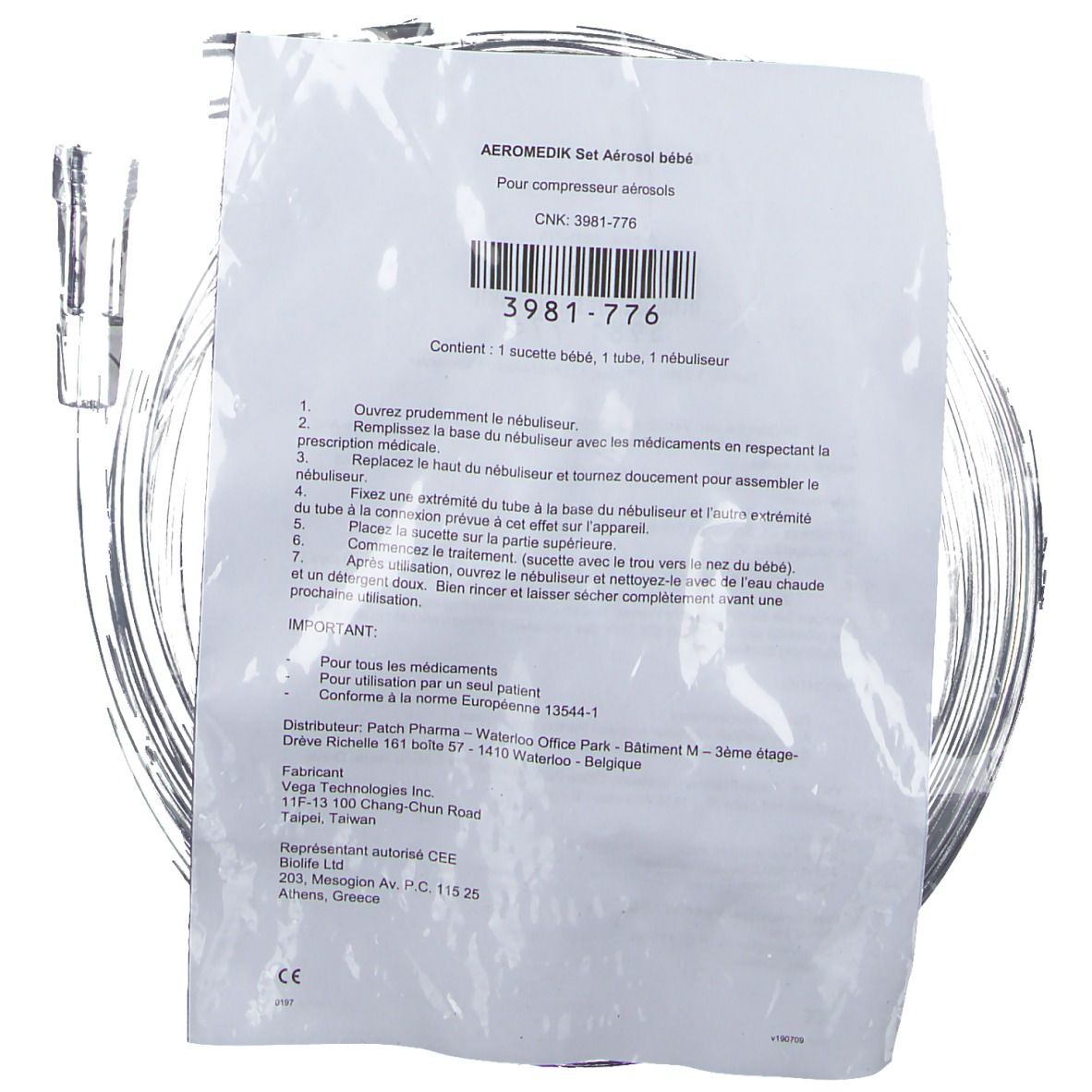 Set aérosol, tuyau transparent, emballé. Texte: AEROMEDIK Set Aerosol bébé, 3981-776.