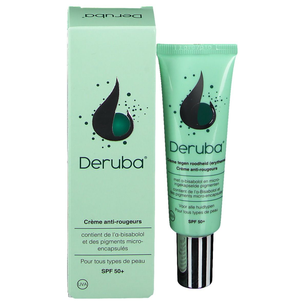 Emballage du produit avec tube. Inscription: Deruba, Crème anti-rougeurs, SPF 50+. Contient α-bisabolol et micro-pigments. Boîte et tube verts.