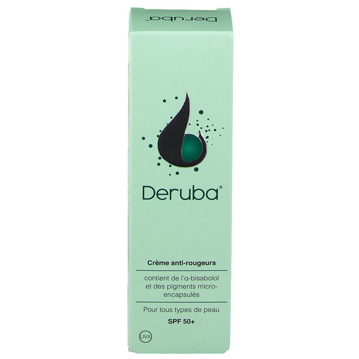 Boîte verte avec logo du produit et inscription: Deruba, Crème anti-rougeurs, SPF 50+. Contient α-bisabolol et micro-pigments.