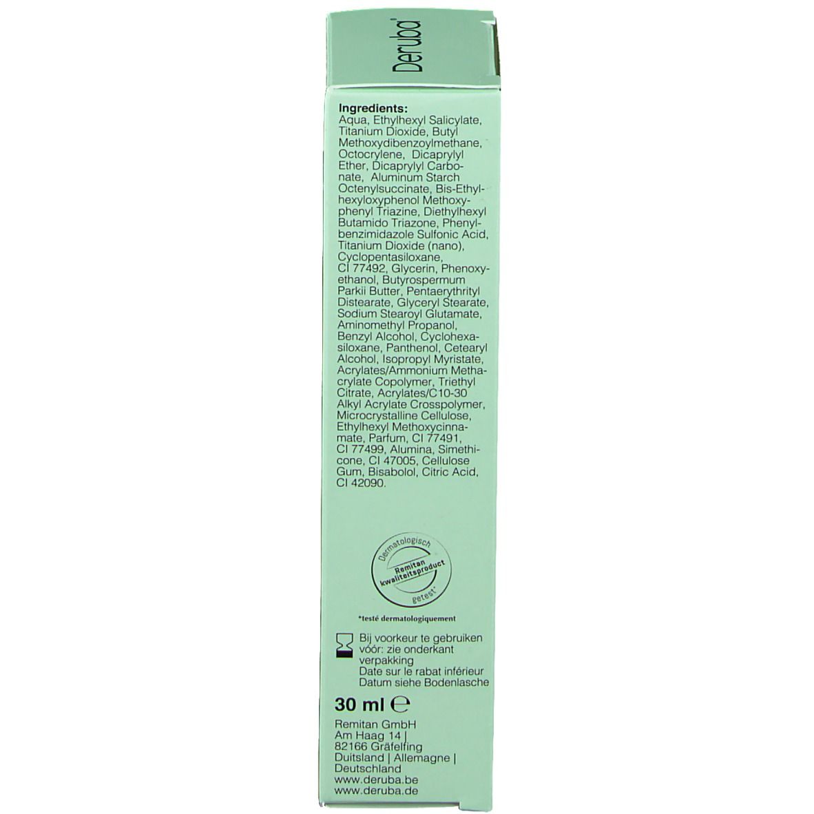 Dos de l'emballage du produit. Liste des ingrédients, informations du fabricant et labels de qualité. Texte en plusieurs langues.