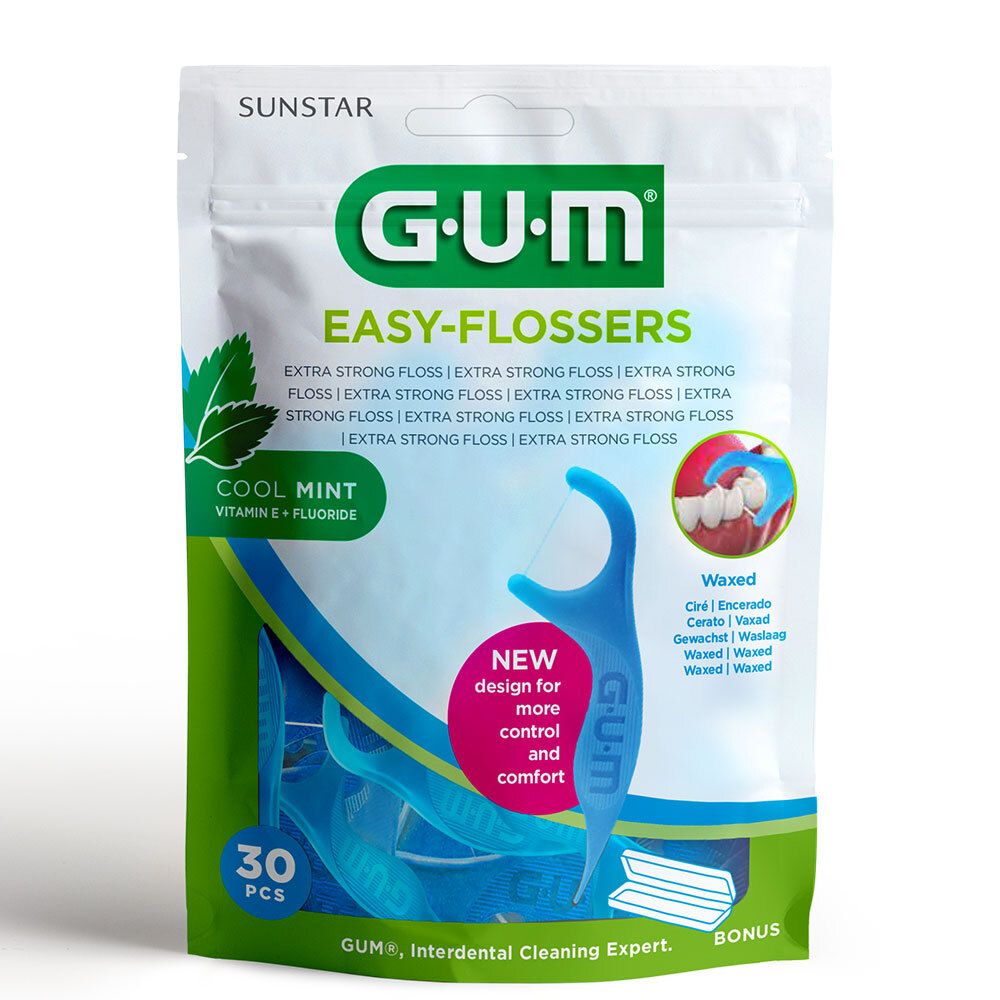 Verpackung mit GUM Easy-Flossers. Blaue Zahnseidehalter, 30 Stück. Cool Mint, Vitamin E, Fluorid. GUM, Experte für Zahnzwischenraumreinigung.