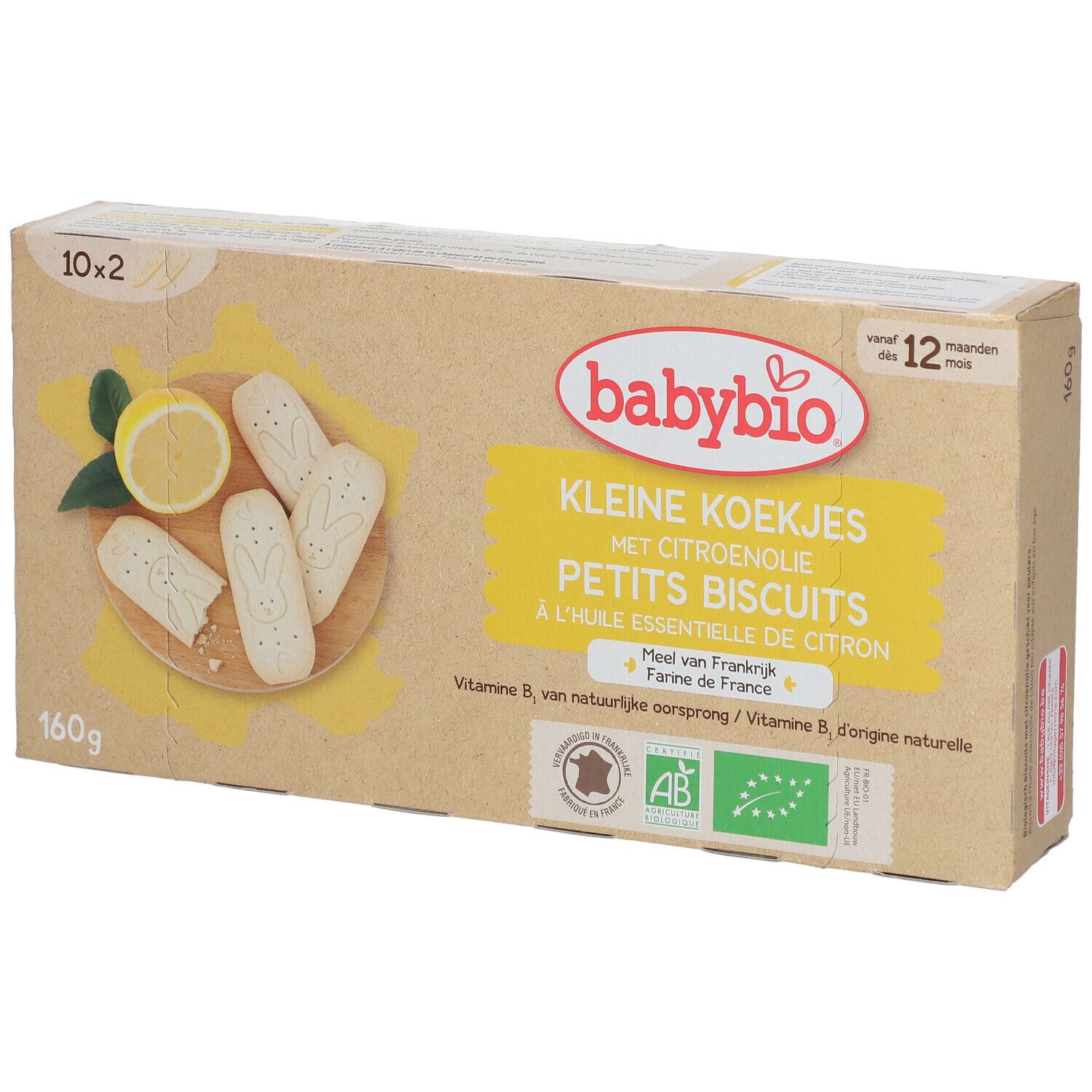Kartonnen verpakking babybio® PETITS BISCUITS. Opschrift: "KLEINE KOEKJES", "PETITS BISCUITS", citroen, koekjes.