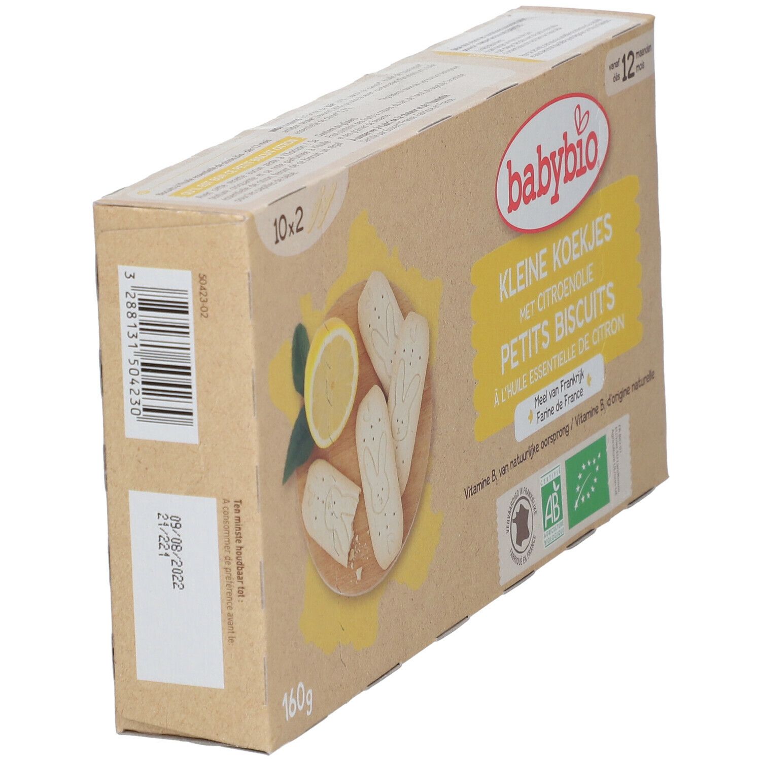 Kartonnen verpakking babybio® PETITS BISCUITS. Opschrift: "KLEINE KOEKJES", "PETITS BISCUITS", citroen, koekjes. Streepjescode en houdbaarheidsdatum.