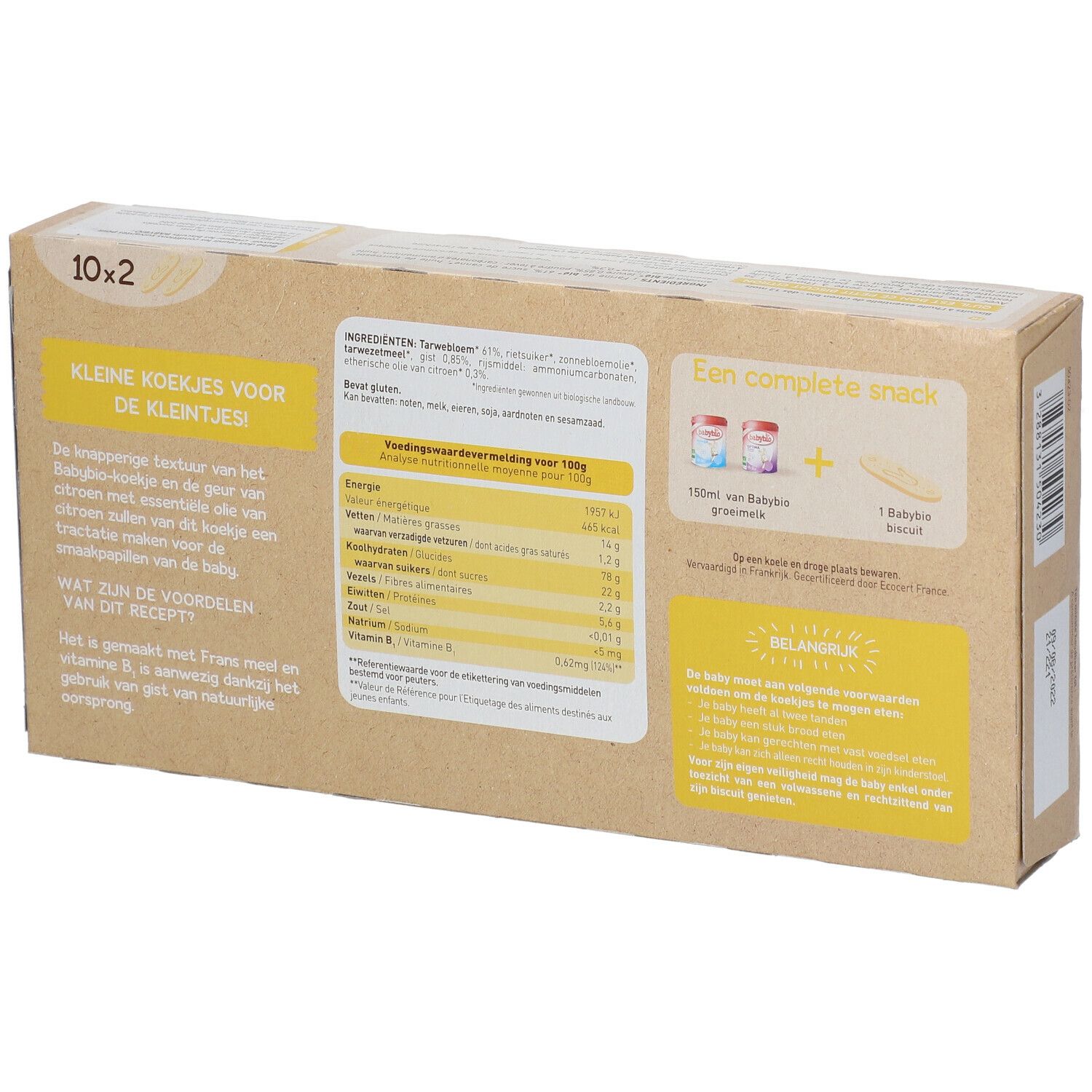 Achterkant van de babybio® PETITS BISCUITS verpakking. Tekst: voedingswaarde, "KLEINE KOEKJES VOOR DE KLEINTJES".