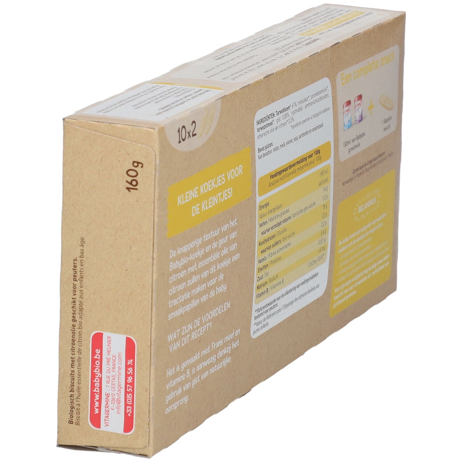 Achterkant van de babybio® PETITS BISCUITS verpakking. Tekst: voedingswaarde, "KLEINE KOEKJES VOOR DE KLEINTJES".