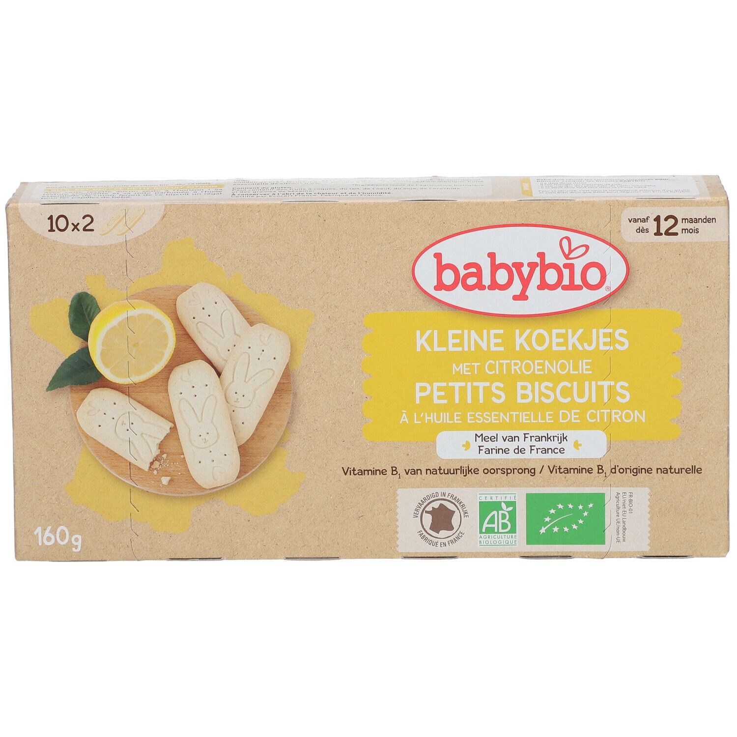 Kartonnen verpakking babybio® PETITS BISCUITS. Opschrift: "KLEINE KOEKJES", "PETITS BISCUITS", citroen, koekjes.