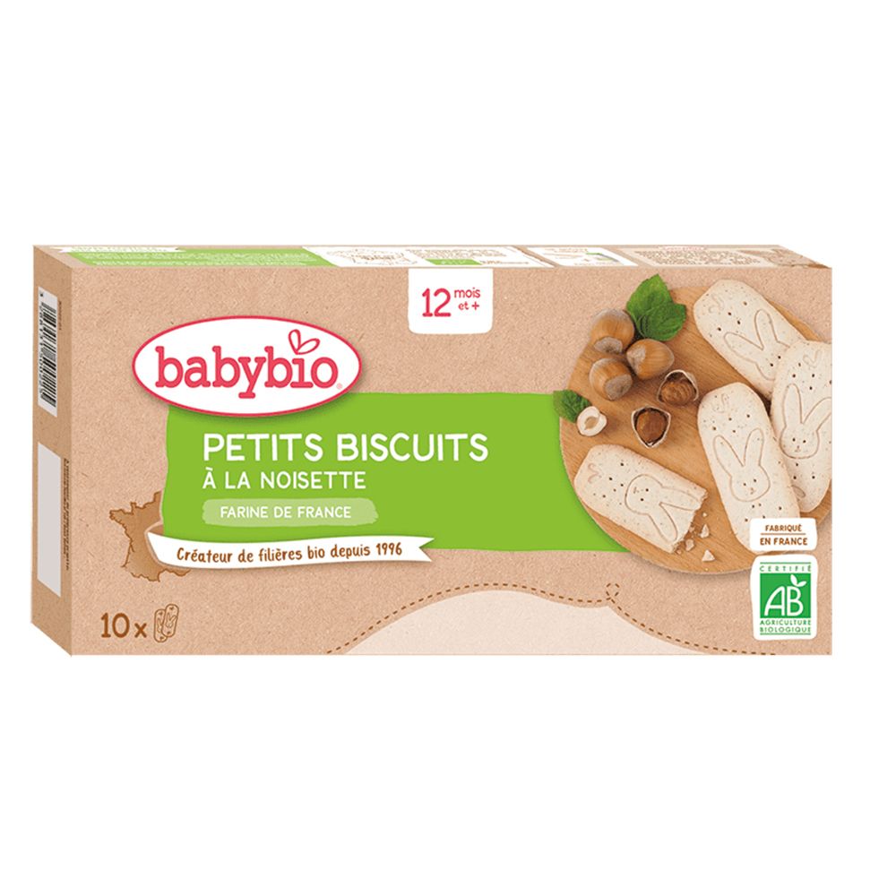 Verpakking van babybio® PETITS BISCUITS. Opschrift: 12 mois et +, 10x, hazelnootkoekjes, Farine de France. Met bio-label.