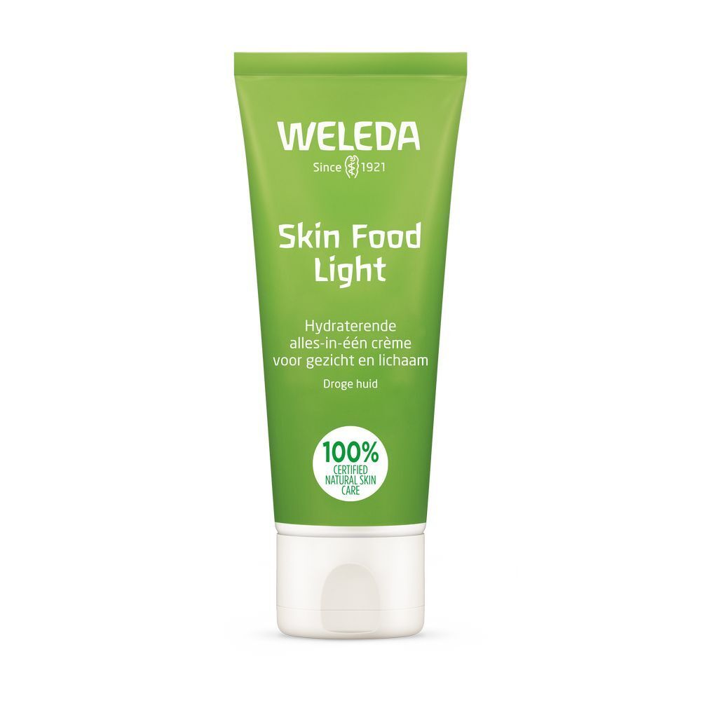 Tube vert avec bouchon blanc. Inscription : Weleda, Skin Food Light. Label cosmétique naturel certifié.