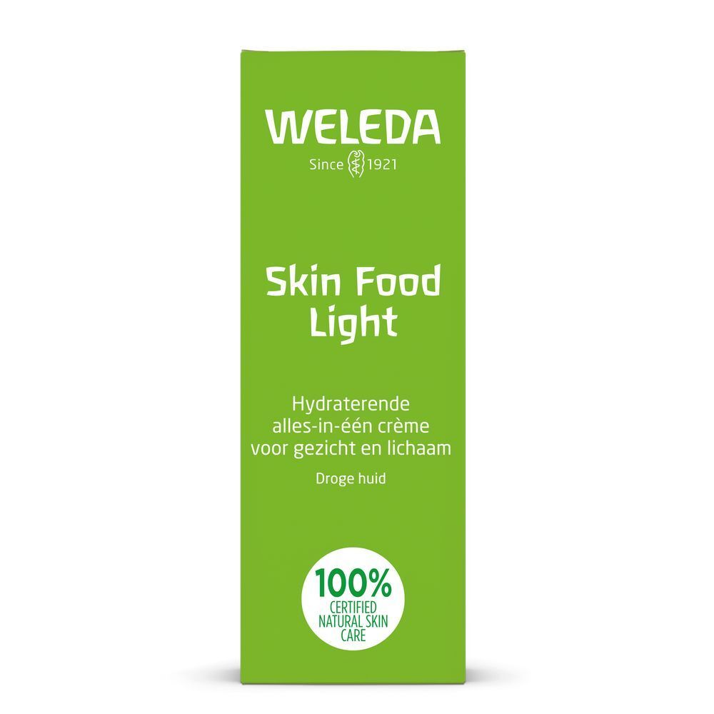 Emballage vert avec inscription : Weleda, Skin Food Light. Label cosmétique naturel certifié.