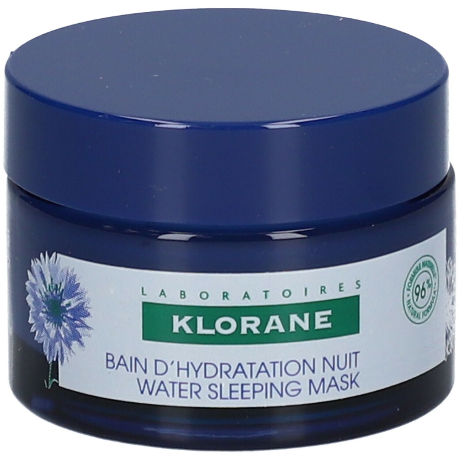 Pot bleu avec couvercle. Inscription: KLORANE, Bain d'Hydratation Nuit Water Sleeping Mask. Motif de bleuet.