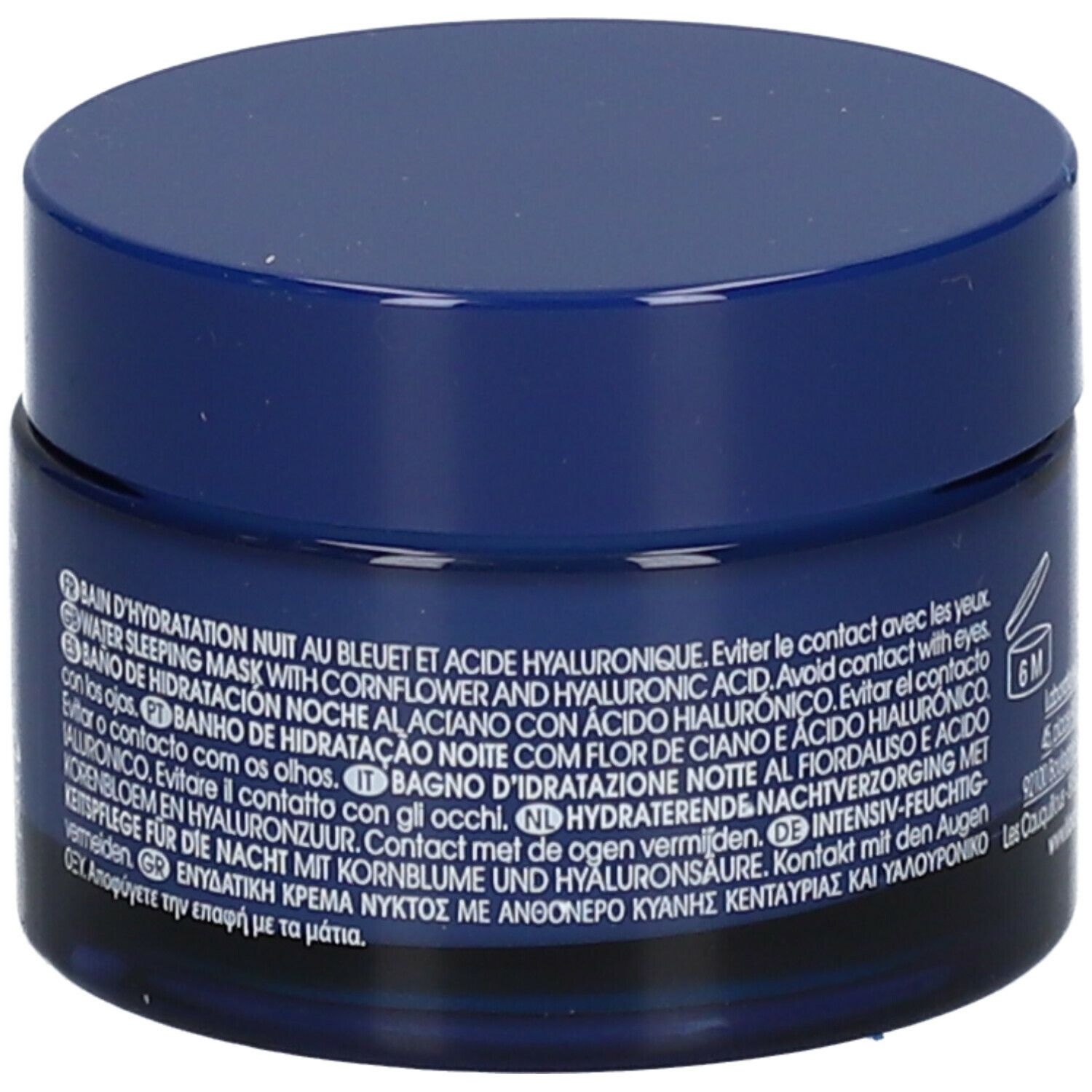 Dos du pot bleu. Inscription: KLORANE, Bain d'Hydratation Nuit Water Sleeping Mask. Texte en plusieurs langues.